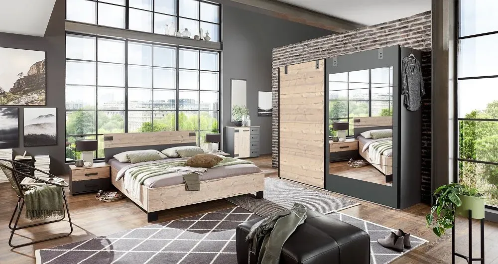 Illustration numéro 2 du produit Armoire coulissante VERNON style industriel porte pin vieilli porte graphite miroir