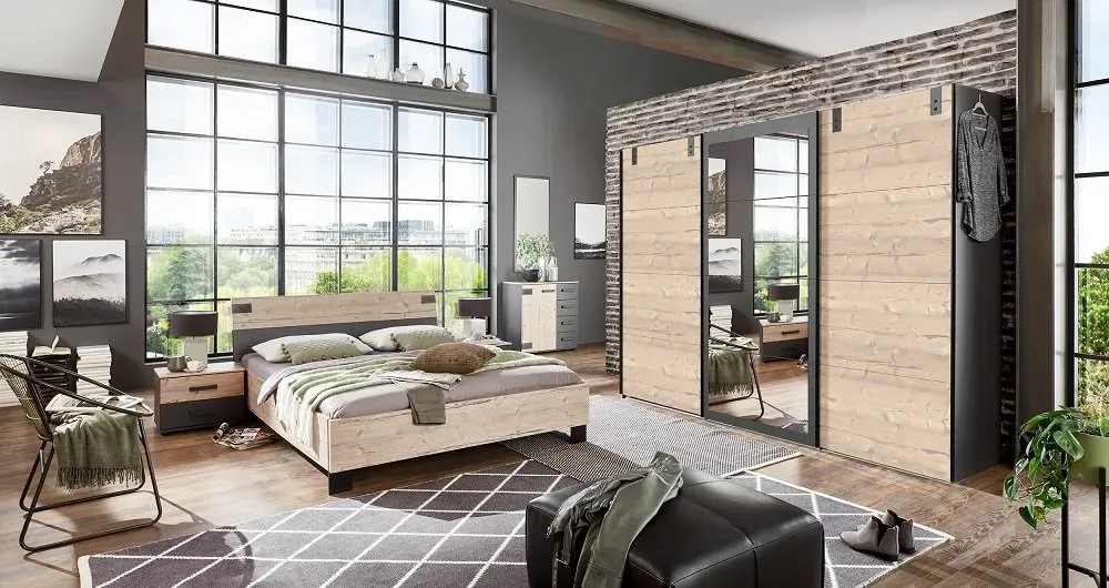 Illustration numéro 2 du produit Armoire coulissante VERNON style industriel 2 portes pin vieilli 1 porte miroir