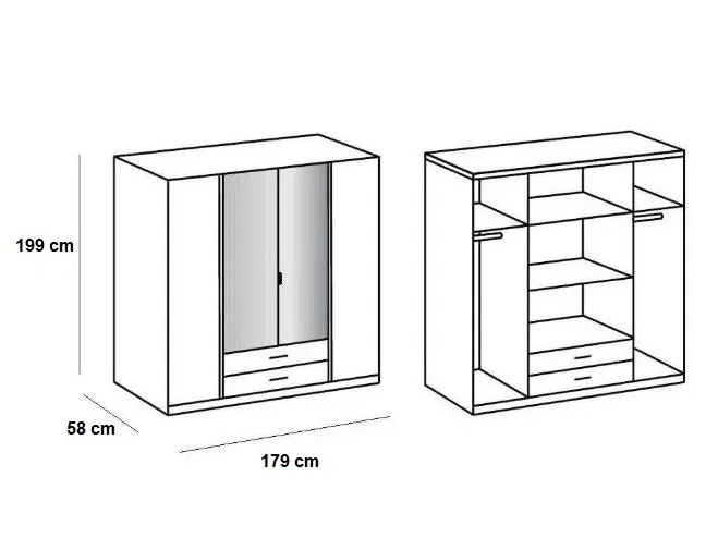 Illustration numéro 2 du produit Armoire de rangement GABY chêne 2 portes 2 tiroirs laqués blanc 2 portes miroir