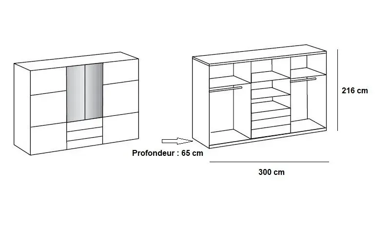 Illustration numéro 2 du produit Armoire de rangement coulissante MARITA verre blanc 2 miroirs 3 tiroirs L 300 H 216 cm