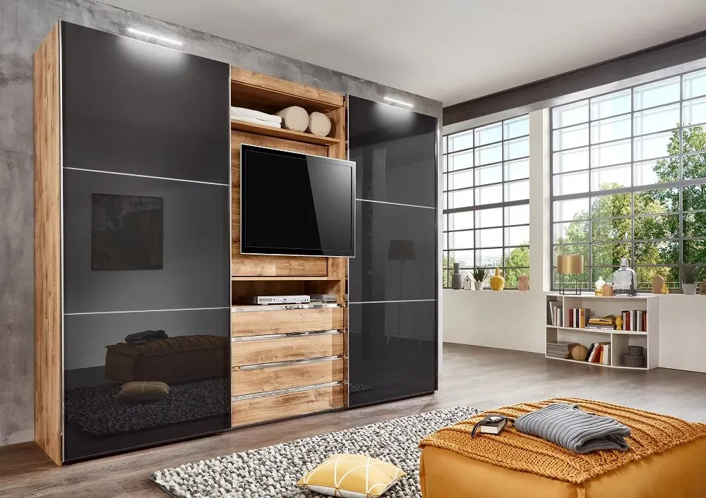Illustration numéro 2 du produit Armoire de rangement coulissante MARITA chêne verre graphite partie centrale TV L 300 H 236 cm