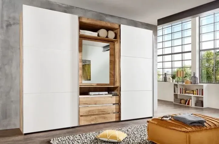 Illustration numéro 2 du produit Armoire de rangement coulissante MARITA chêne verre blanc miroir pivotant L 300 H 236 cm