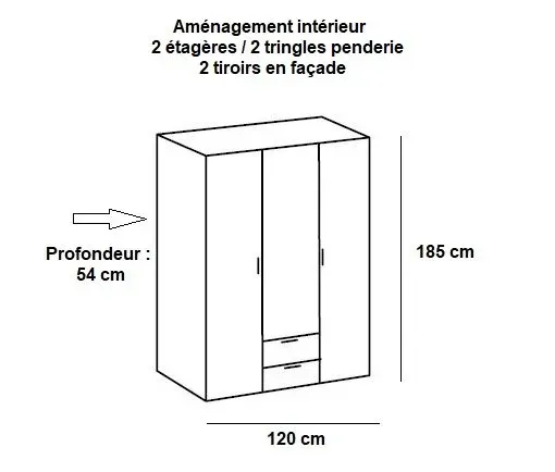 Illustration numéro 2 du produit Armoire penderie 3 portes 2 tiroirs MALTA laquée blanc cassé L : 120 cm