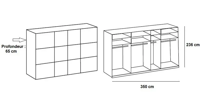 Illustration numéro 2 du produit Armoire coulissante LISEA 4 portes blanc verre anthracite 350 x 236 cm HT