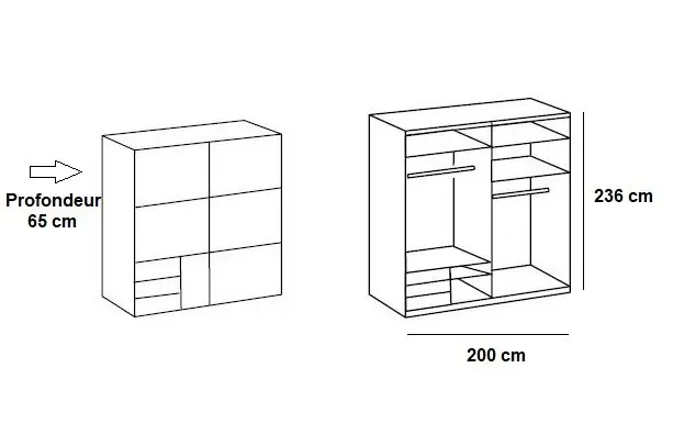 Illustration numéro 2 du produit Armoire coulissante LISEA 2 portes 3 tiroirs blanc verre anthracite 200 x 236 cm HT