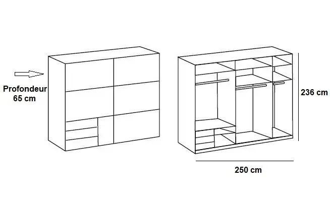 Illustration numéro 2 du produit Armoire coulissante LISEA 2 portes 3 tiroirs blanc verre anthracite 250 x 236 cm HT