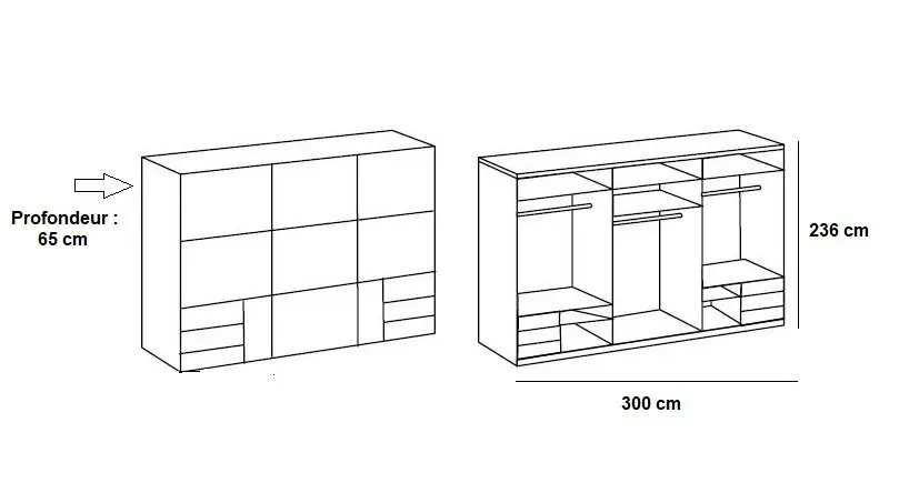 Illustration numéro 2 du produit Armoire coulissante LISEA 3 portes 6 tiroirs blanc verre anthracite 300 x 236 cm HT