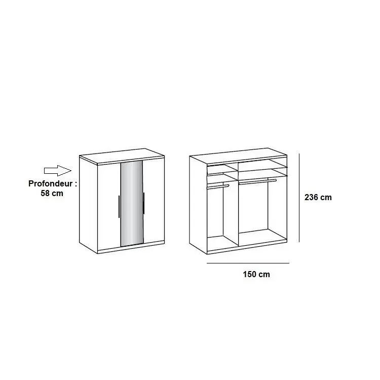 Illustration numéro 2 du produit Armoire de rangement LISBETH 2 portes chêne 1 miroir 150 x 236 cm hauteur