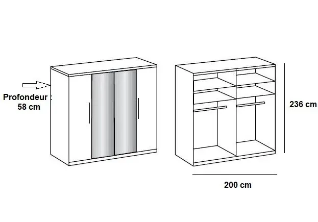 Illustration numéro 2 du produit Armoire de rangement LISBETH 2 portes chêne 2 miroirs 200 x 236 cm hauteur