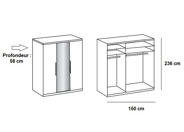 Illustration numéro 2 du produit Armoire de rangement LISBETH 2 portes blanc 1 miroir 150 x 236 cm hauteur