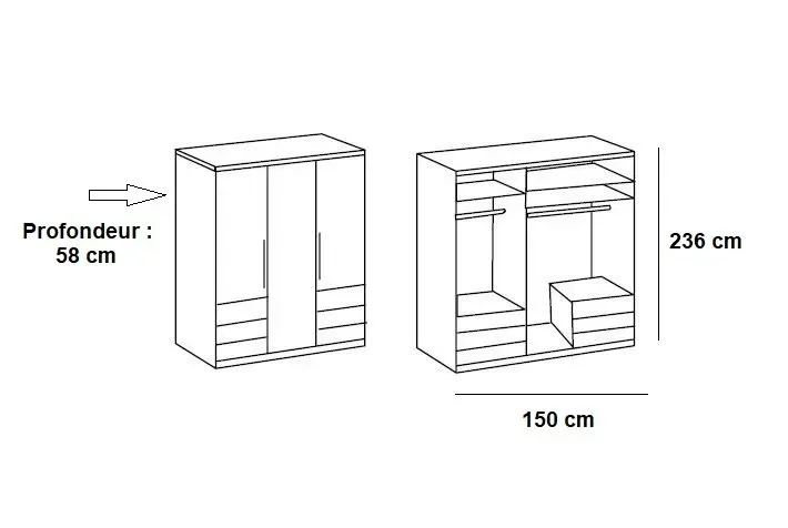 Illustration numéro 2 du produit Armoire de rangement LISBETH 3 portes 6 tiroirs blanc 150 x 236 cm hauteur