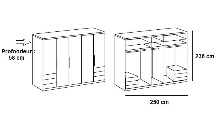 Illustration numéro 2 du produit Armoire de rangement LISBETH 5 portes 6 tiroirs blanc 250 x 236 cm hauteur