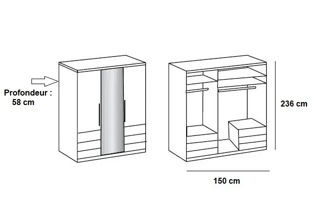 Illustration numéro 2 du produit Armoire LISBETH 2 portes 6 tiroirs blanc miroir central 150 x 236 cm hauteur
