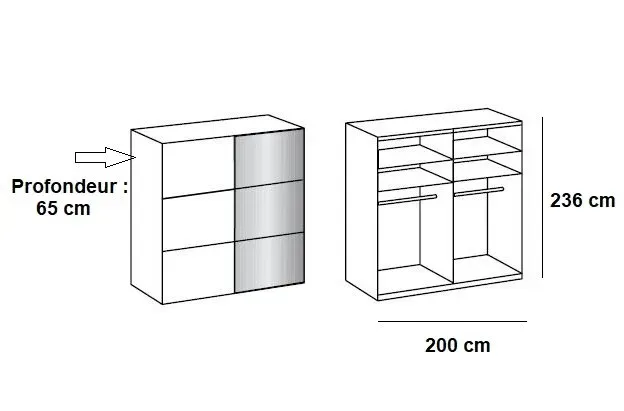 Illustration numéro 2 du produit Armoire coulissante LISBETH 1 porte chêne 1 miroir 200 x 236 cm hauteur