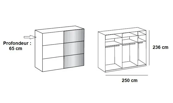 Illustration numéro 2 du produit Armoire coulissante LISBETH 1 porte chêne 1 miroir 250 x 236 cm hauteur