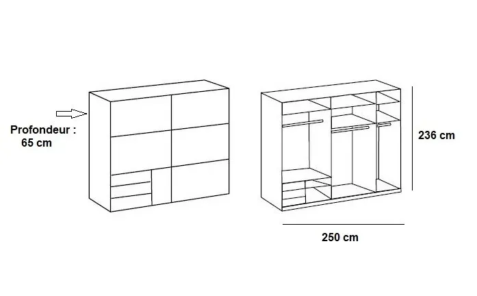 Illustration numéro 2 du produit Armoire coulissante LISBETH 2 portes 3 tiroirs décor blanc 250 x 236 cm hauteur