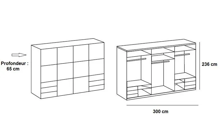 Illustration numéro 2 du produit Armoire coulissante LISBETH 4 portes 6 tiroirs décor blanc 300 x 236 cm hauteur