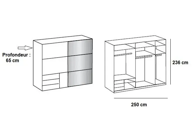 Illustration numéro 2 du produit Armoire coulissante LISBETH 1 porte chêne 1 miroir 3 tiroirs 250 x 236 cm hauteur