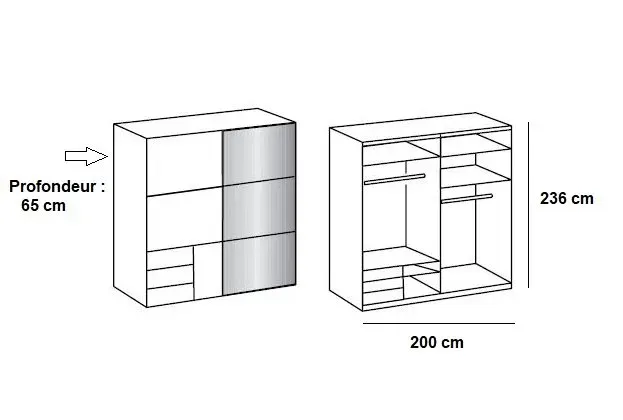 Illustration numéro 2 du produit Armoire coulissante LISBETH 1 porte 3 tiroirs blanc 1 miroir 200 x 236 cm hauteur