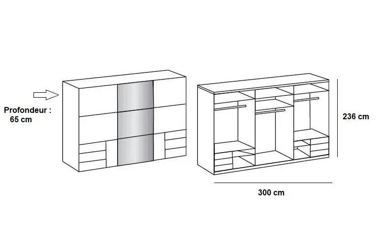Illustration numéro 2 du produit Armoire coulissante LISBETH 2 portes 6 tiroirs blanc 1 miroir 300 x 236 cm hauteur