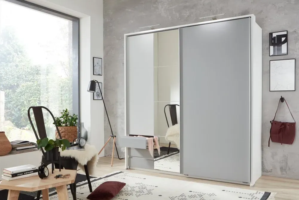 Illustration numéro 2 du produit Armoire AURINA décor blanc et gris clair 1 miroir 1 tringle 3 tiroirs