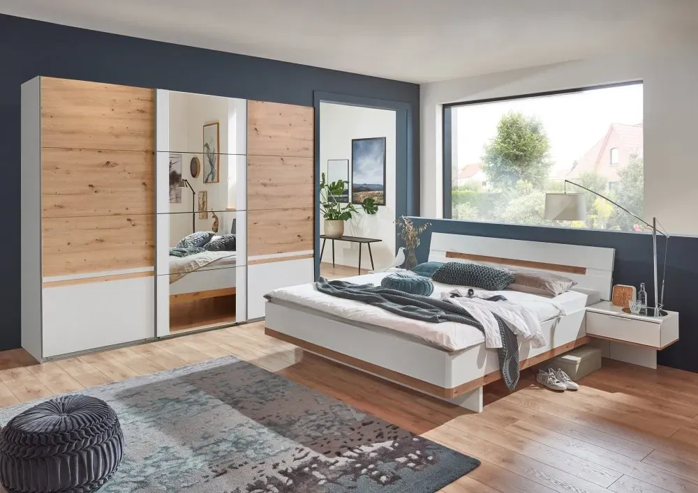 Illustration numéro 2 du produit Cadre de lit chevet GIRBO 160 x 200 cm blanc et chêne artisan