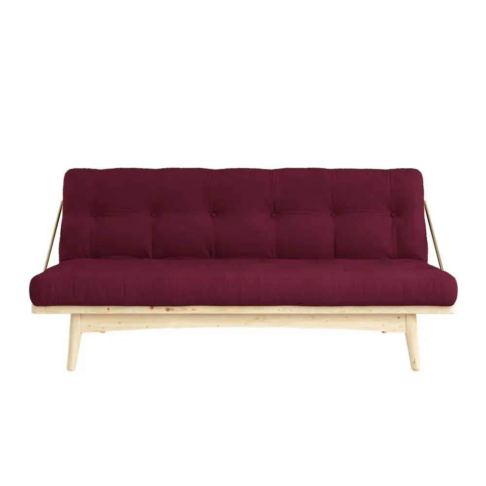 Illustration numéro 2 du produit Banquette futon FOLK en pin massif coloris bordeaux couchage 130 x 190 cm.