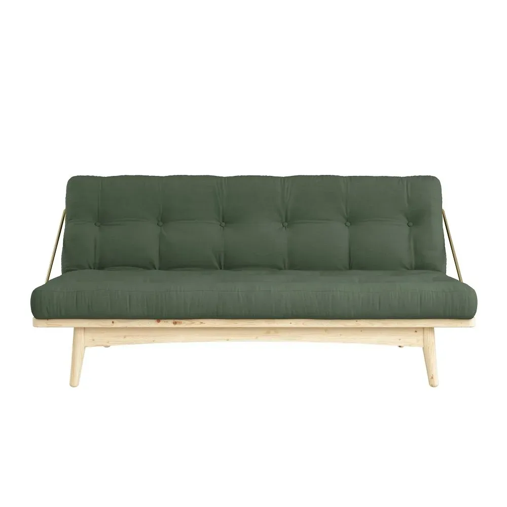 Illustration numéro 2 du produit Banquette futon FOLK en pin massif coloris vert olive couchage 130 x 190 cm.