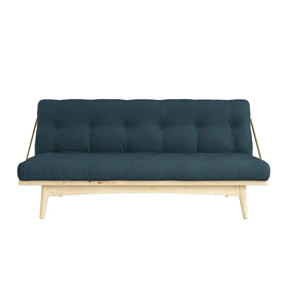 Illustration numéro 2 du produit Banquette futon FOLK en pin massif coloris bleu pétrole couchage 130 x 190 cm.