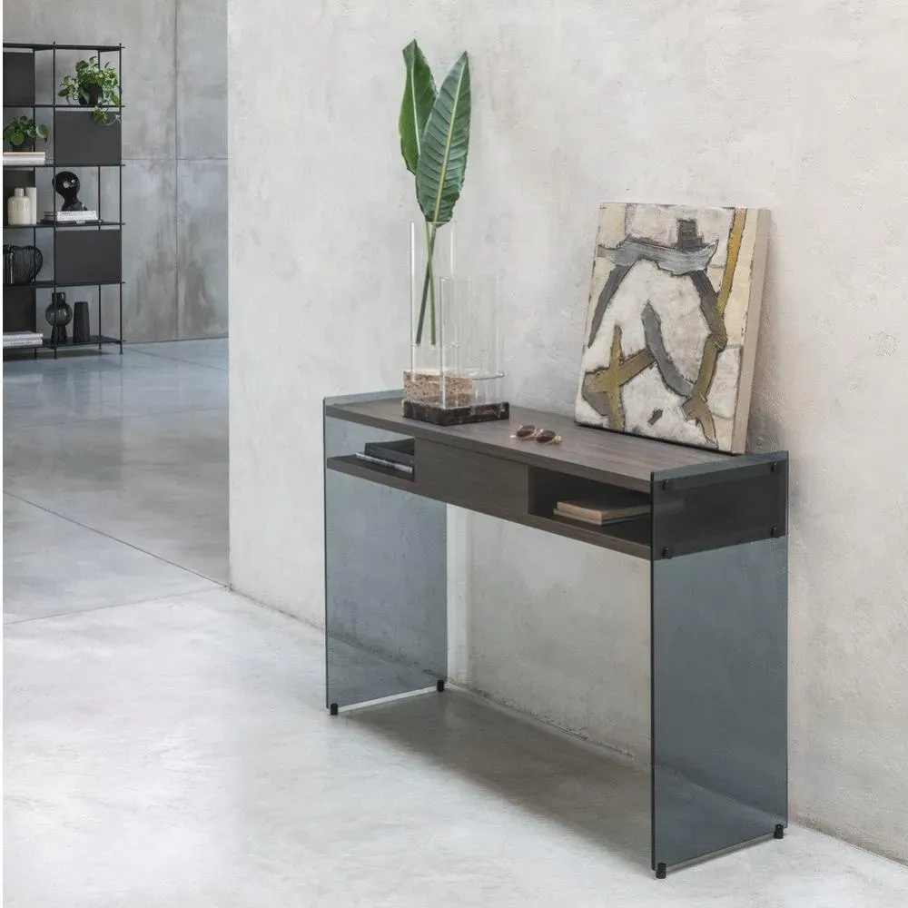 Illustration numéro 2 du produit Table console MAYA coloris Ardoise noyer piétement en verre fumé
