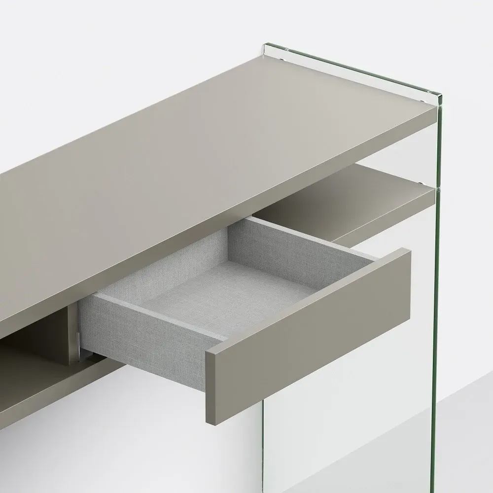 Illustration numéro 2 du produit Table console MAYA coloris gris tourterelle piétement en verre transparent
