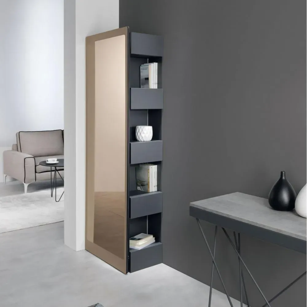 Illustration numéro 2 du produit Bibliothèque RETTANGOLO acier couleur gris ardoise + miroir SLIDE couleur bronze noir carbone