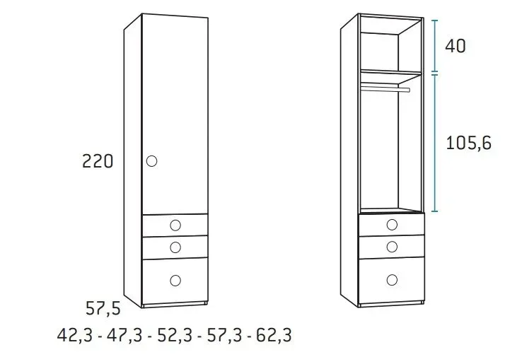 Illustration numéro 2 du produit Armoire 1 porte droite 2 tiroirs 1 caisson 62,3 x 57,5 x 220 cm