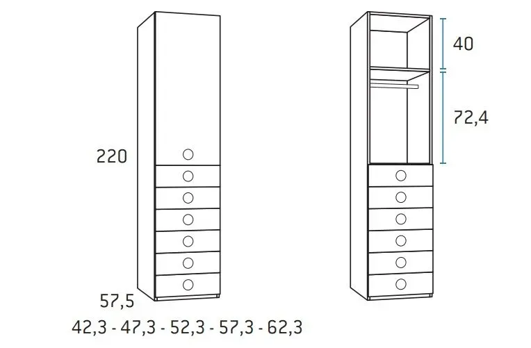 Illustration numéro 2 du produit Armoire 1 porte gauche 6 tiroirs 42,3 x 57,5 x 220 cm