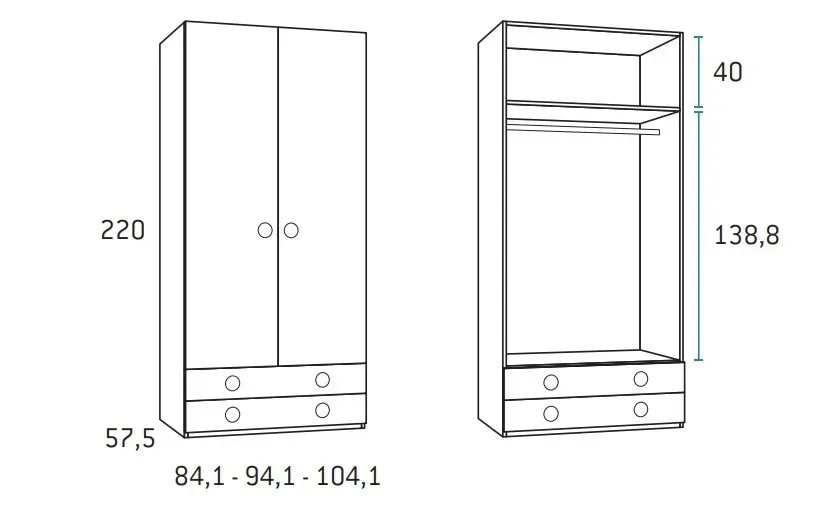 Illustration numéro 2 du produit Armoire 2 portes 2 tiroirs 104,1 x 57,5 x 220 cm