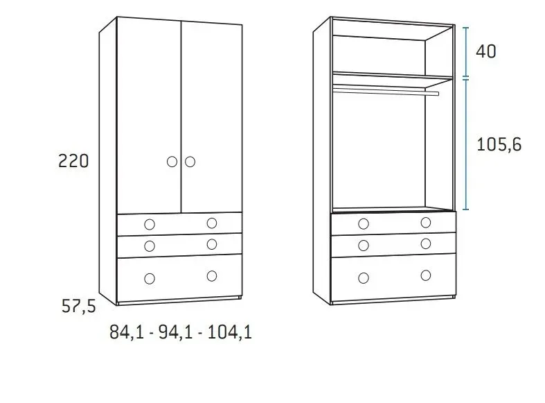 Illustration numéro 2 du produit Armoire 2 portes 2 tiroirs 1 caisson 84,1 x 57,5 x 220 cm