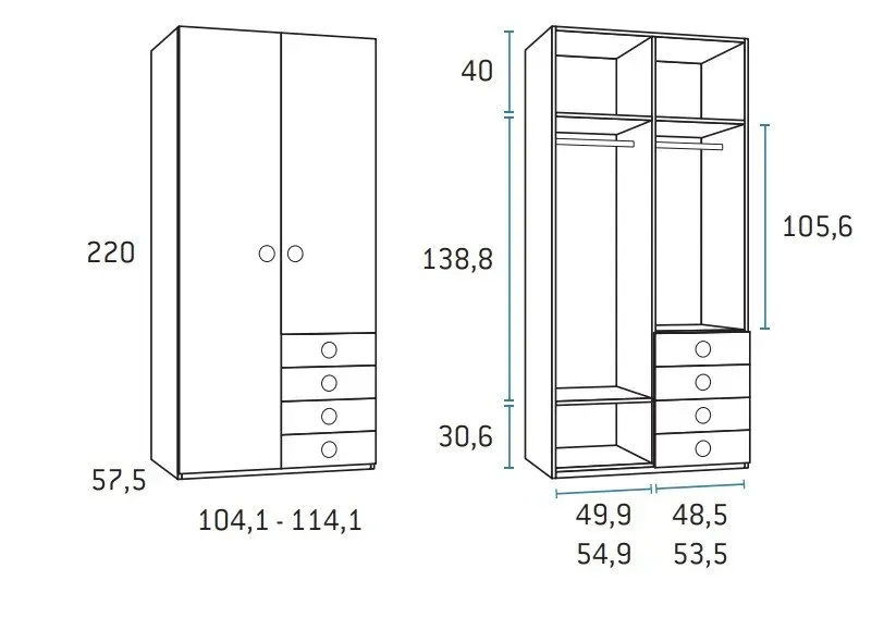 Illustration numéro 2 du produit Armoire saison droite 2 portes 4 tiroirs 104,1 x 57,5 x 220 cm