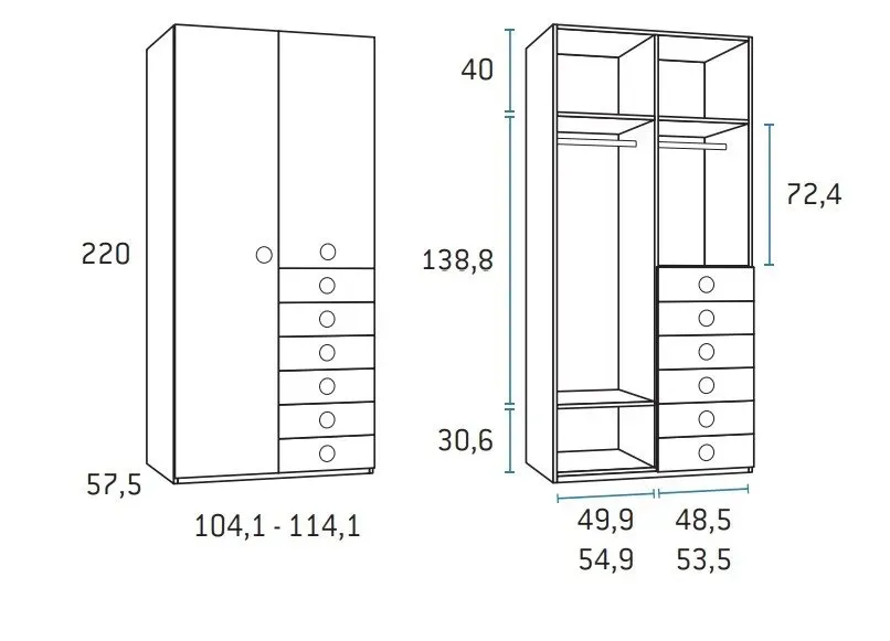 Illustration numéro 2 du produit Armoire saison droite 2 portes 6 tiroirs 104,1 x 57,5 x 220 cm