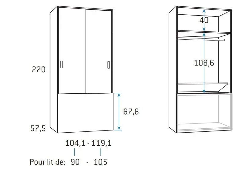 Illustration numéro 2 du produit Armoire penderie 104,1 x 57,5 x 220 cm  portes coulissantes coffre rabattable hauteur 67 cm