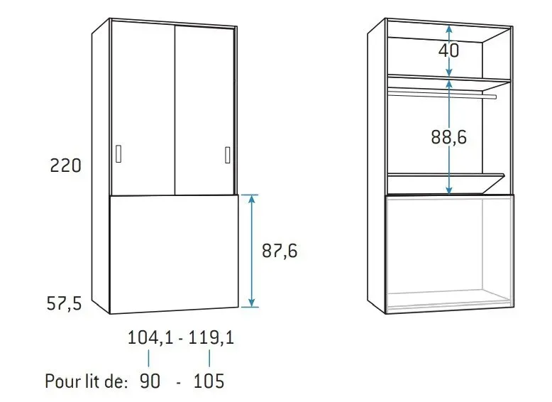 Illustration numéro 2 du produit Armoire penderie 119,1 x 57,5 x 220 cm  portes coulissantes coffre rabattable hauteur 87 cm