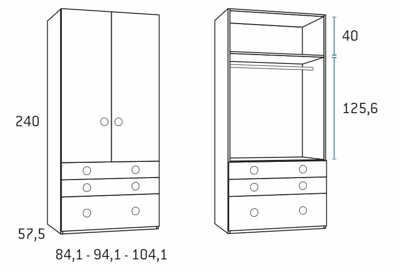 Illustration numéro 2 du produit Armoire 2 portes 2 tiroirs 1 caisson 84,1 x 57,5 x 240 cm