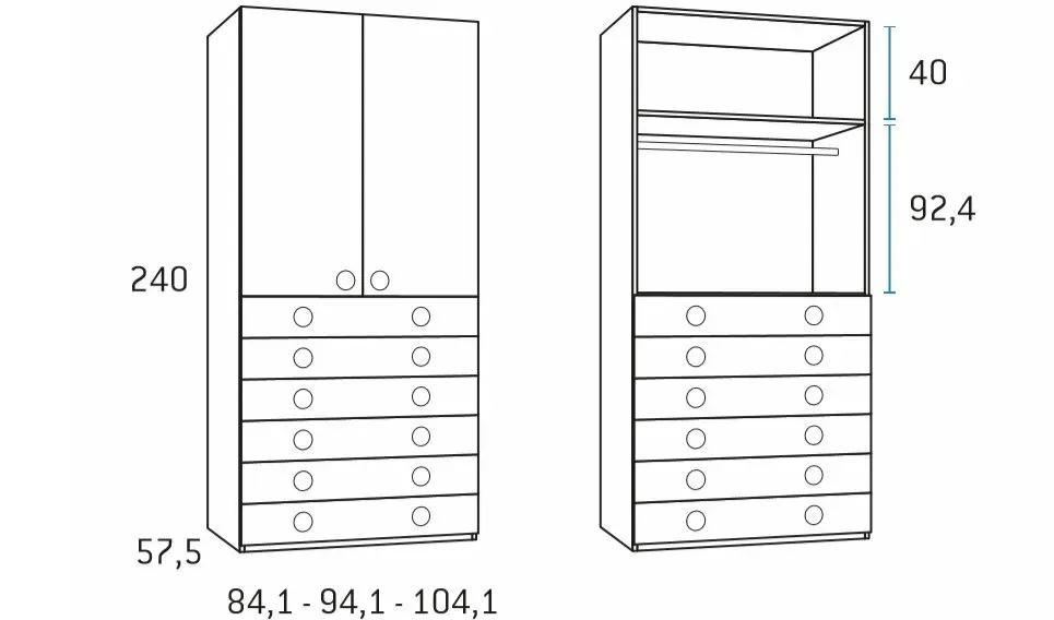Illustration numéro 2 du produit Armoire 2 portes 6 tiroirs 94,1 x 57,5 x 240 cm