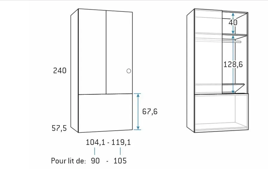 Illustration numéro 2 du produit Armoire penderie 119,1 x 57,5 x 240 cm portes battantes coffre rabattable hauteur 67 cm