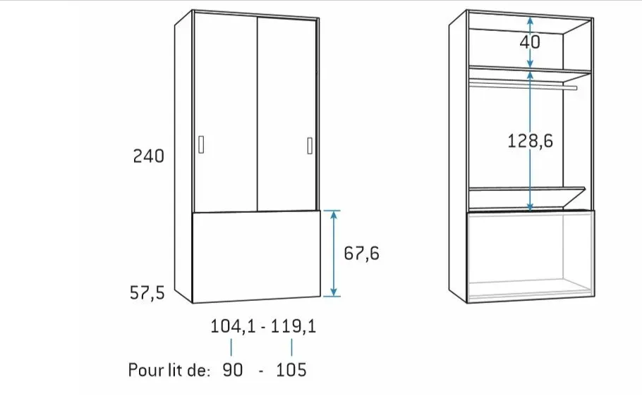 Illustration numéro 2 du produit Armoire penderie 104,1 x 57,5 x 240 cm  portes coulissantes coffre rabattable hauteur 67 cm