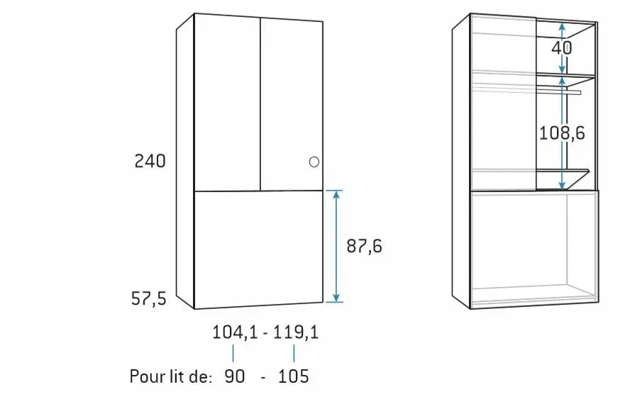Illustration numéro 2 du produit Armoire penderie 104,1 x 57,5 x 240 cm portes battantes coffre rabattable hauteur 87 cm