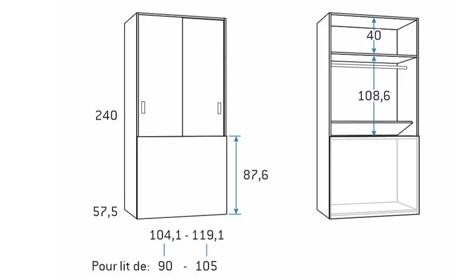 Illustration numéro 2 du produit Armoire penderie 119,1 x 57,5 x 240 cm  portes coulissantes coffre rabattable hauteur 87 cm