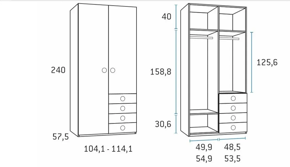 Illustration numéro 2 du produit Armoire saison droite 2 portes 4 tiroirs 104,1 x 57,5 x 240 cm
