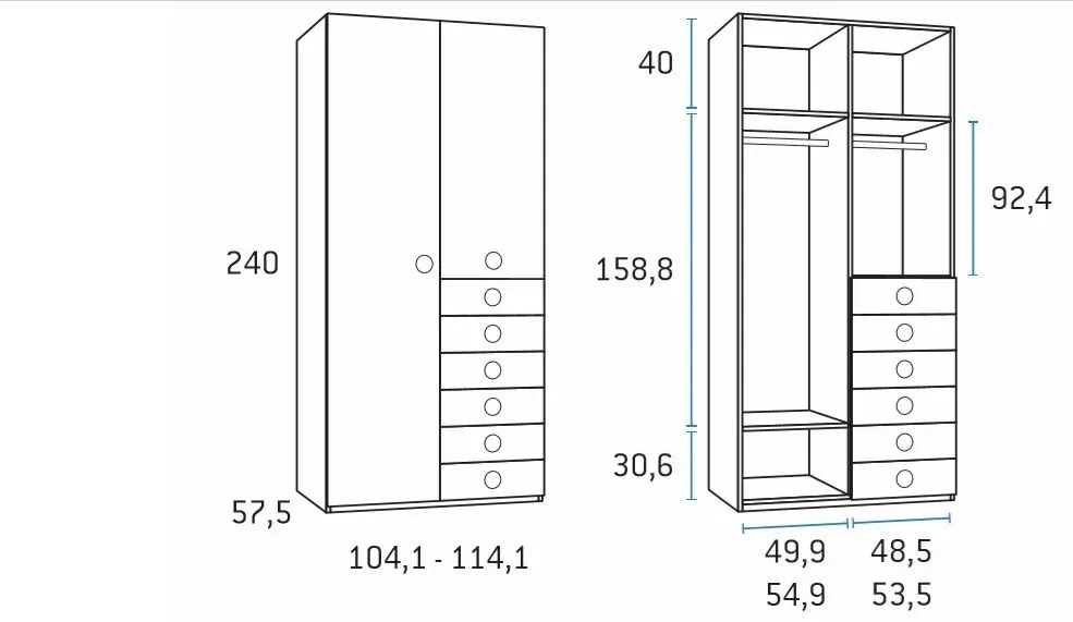 Illustration numéro 2 du produit Armoire saison droite 2 portes 6 tiroirs 104,1 x 57,5 x 240 cm