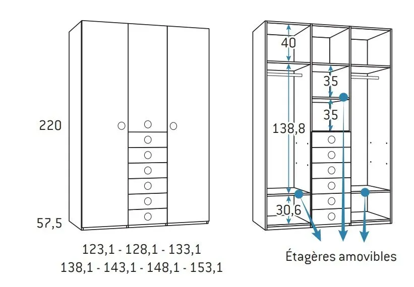Illustration numéro 2 du produit Armoire 3 portes 6 tiroirs 148,1 x 57,5 x 220 cm