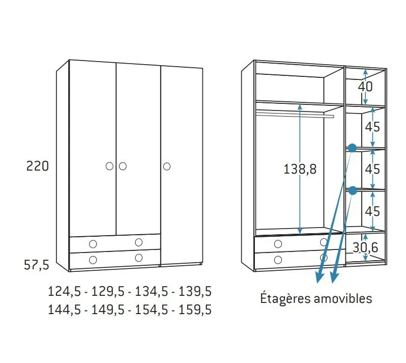 Illustration numéro 2 du produit Armoire 3 portes 2 tiroirs gauche 124,5 x 57,5 x 220 cm